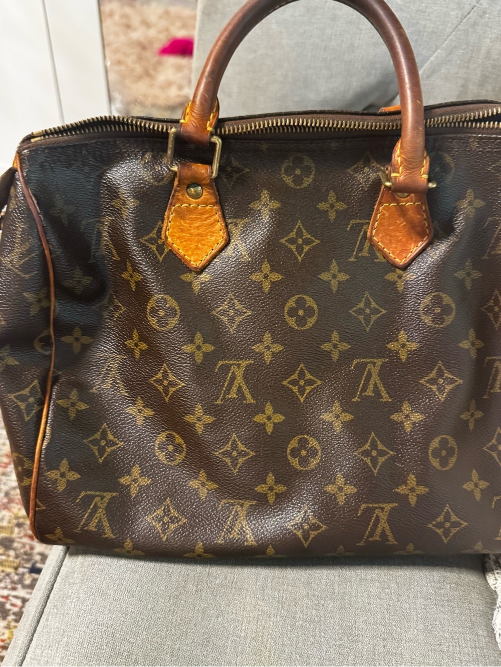 Vintage Louis Vuitton Brown Monogram Satchel with Tan Trim